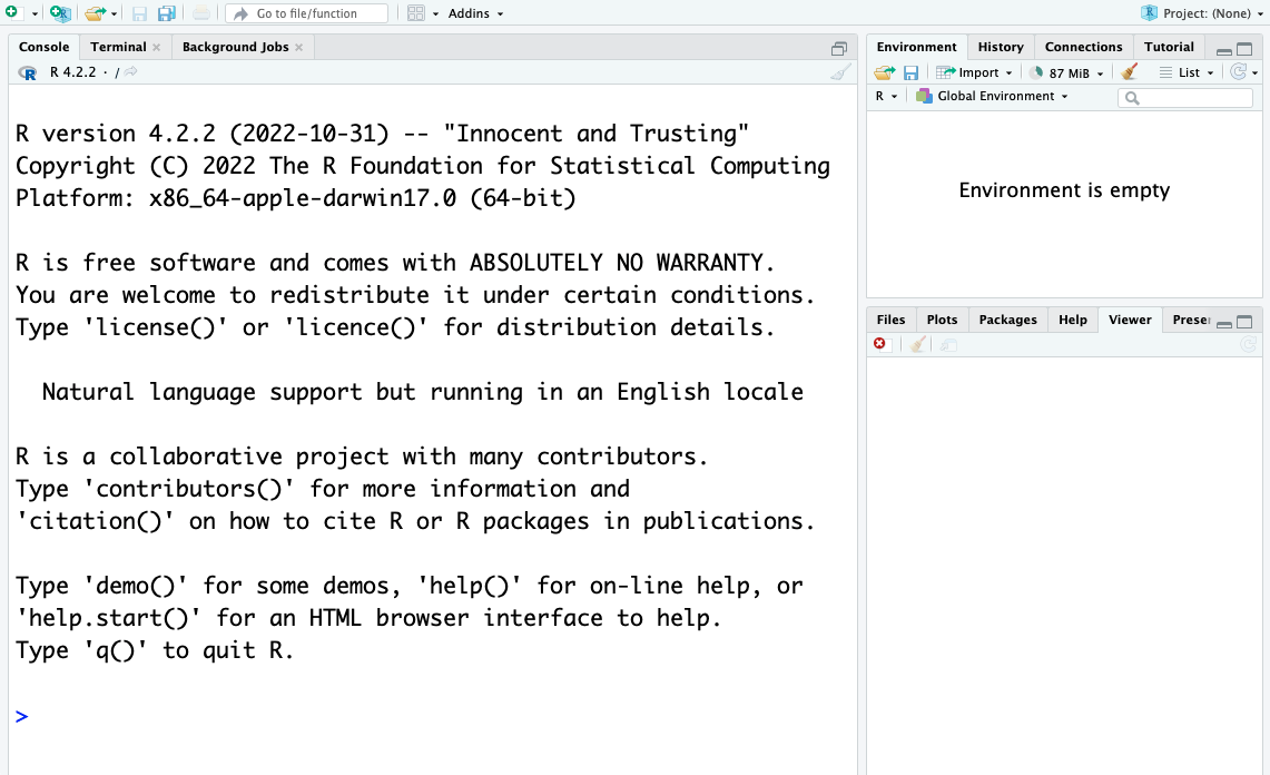 RStudio shows the console on the left, an environment panel at the upper right and files, plots, packages and help at the lower right. Opening a script adds an editor panel.