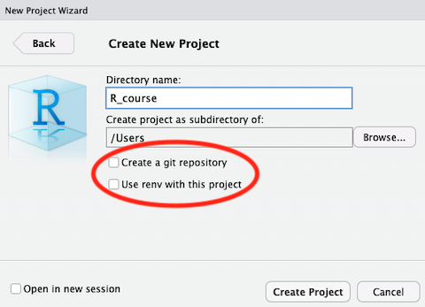 The New Project dialogue provides options to create a new directory or use an existing directory for related R files.