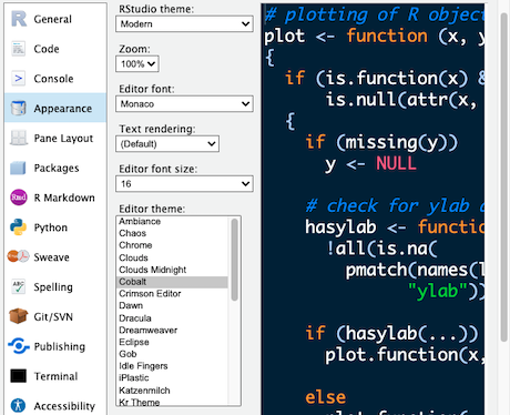 Appearance settings offer editor themes and text choices so the interface can be made readable.