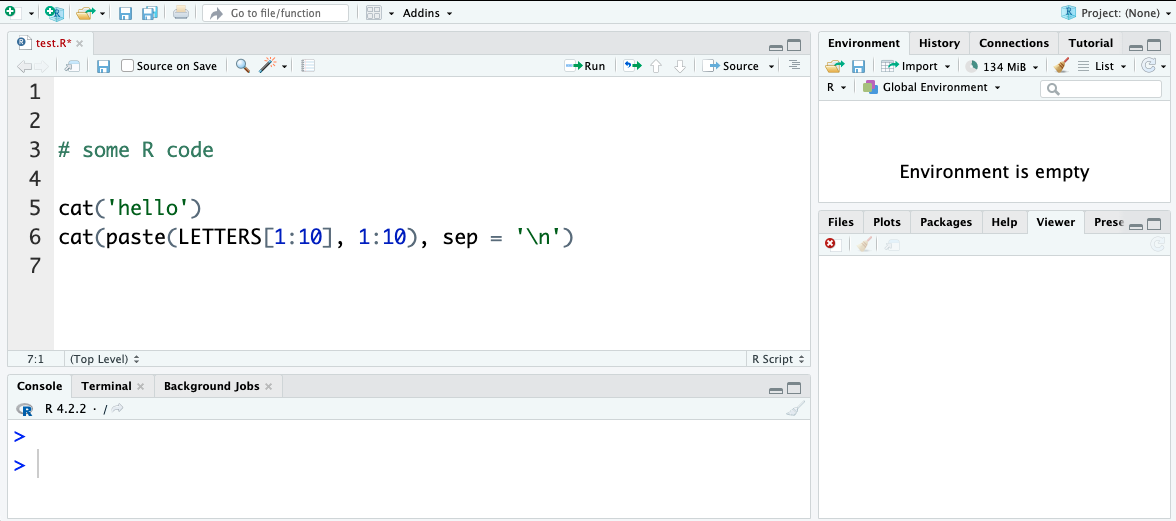 A script editor above the R console holds saved commands that can be selected and run.