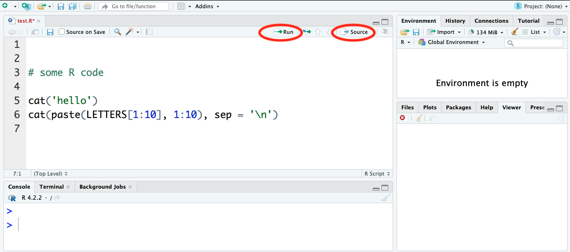 The editor has controls for running selected lines or sourcing the whole script, with output visible in the console.