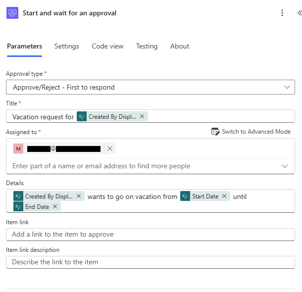 Approval configuration collects the decision type, recipient and context for the approver.