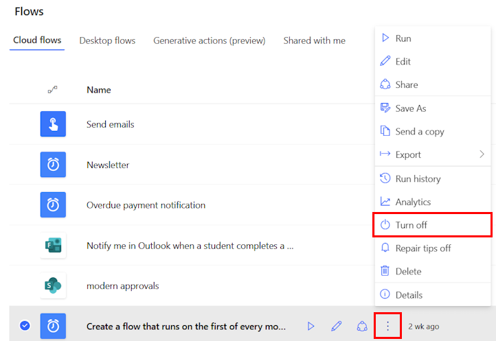 A flow run-history menu gives access to individual runs for inspecting steps and errors.