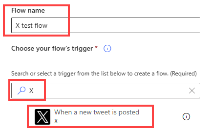 Power Automate trigger search showing that the flow start event is selected before later actions.
