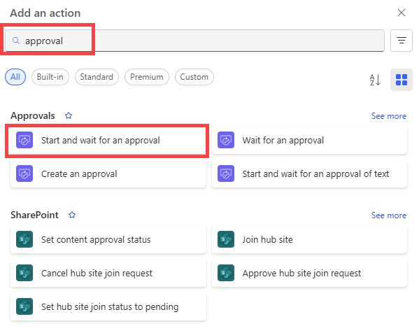 Approval action choices include creating an approval and waiting for its response.
