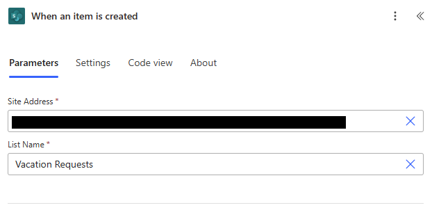 SharePoint trigger configuration with site and list settings that determine which events start the flow.