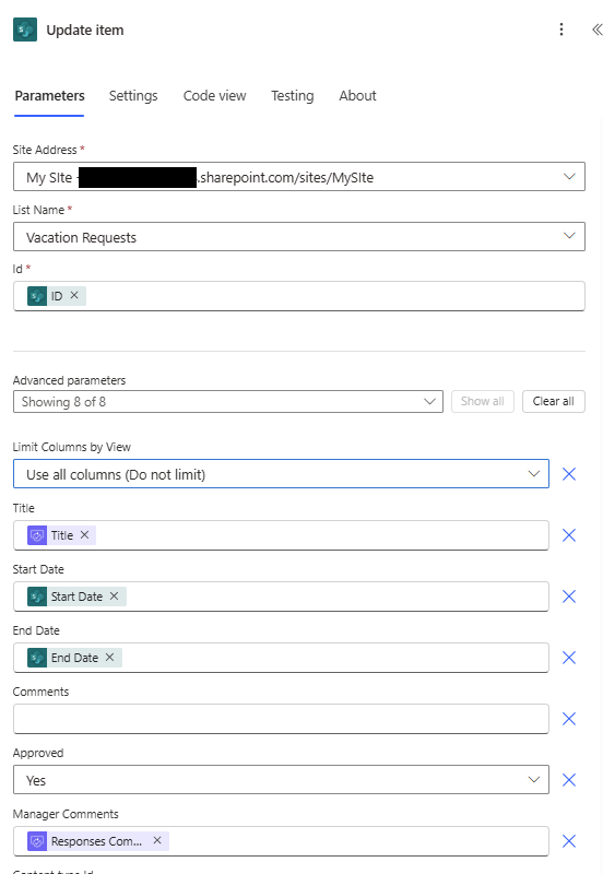 An update action selects a record and maps outcome values back into its fields.